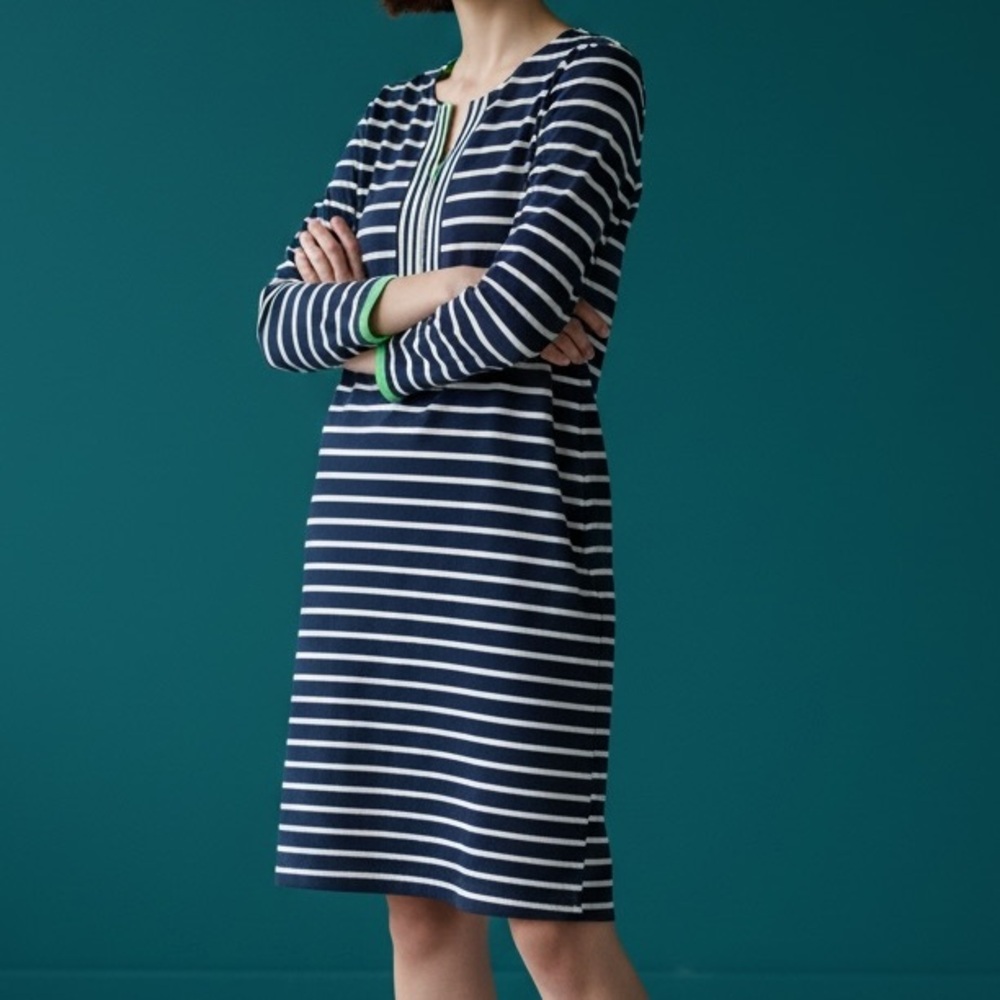 IBKUL Navy and White Striped Long Sleeve Dress